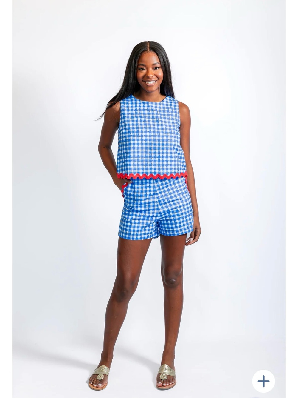 Sail to Sable Blue Gingham Two-Piece Top & Shorts Set Red Ric Rac Trim NEW Large